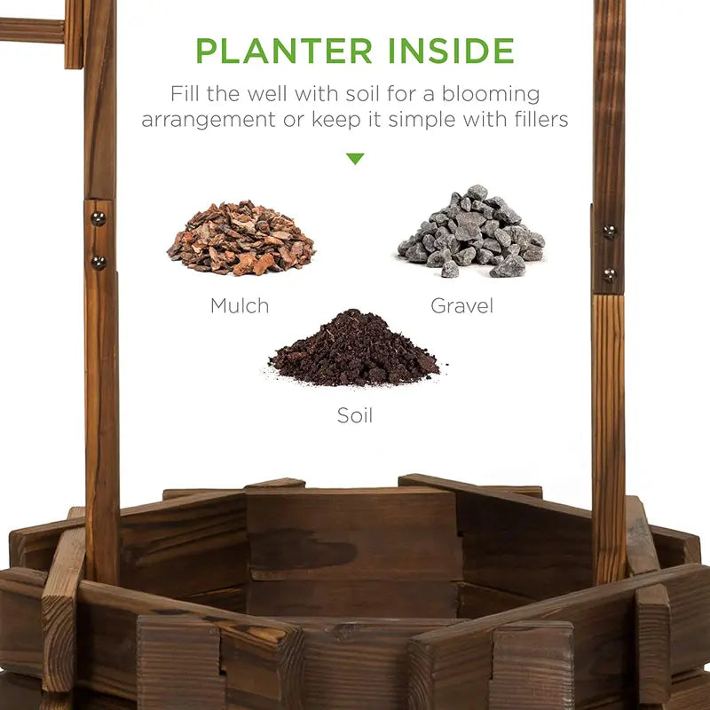 Rustic Wooden Wishing Well Planter with Hanging Bucket – Outdoor Garden Décor by Best Choice Products