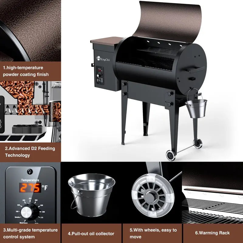 KingChii Pro Series 02 Electric Wood Pellet Smoker & Grill – 456 sq in Cooking Area, Bronze Finish with Auto Temp Control