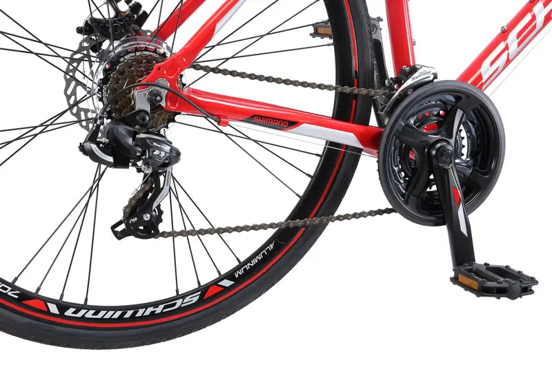 Schwinn Kempo Hybrid Road Bike – 700c Wheels, 21-Speed Shimano Drivetrain, Men's Red Frame