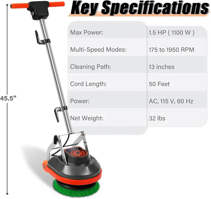 Commercial-Grade Floor Scrubber & Polisher – Heavy-Duty Tile and Grout Cleaner with Brush/Pad System