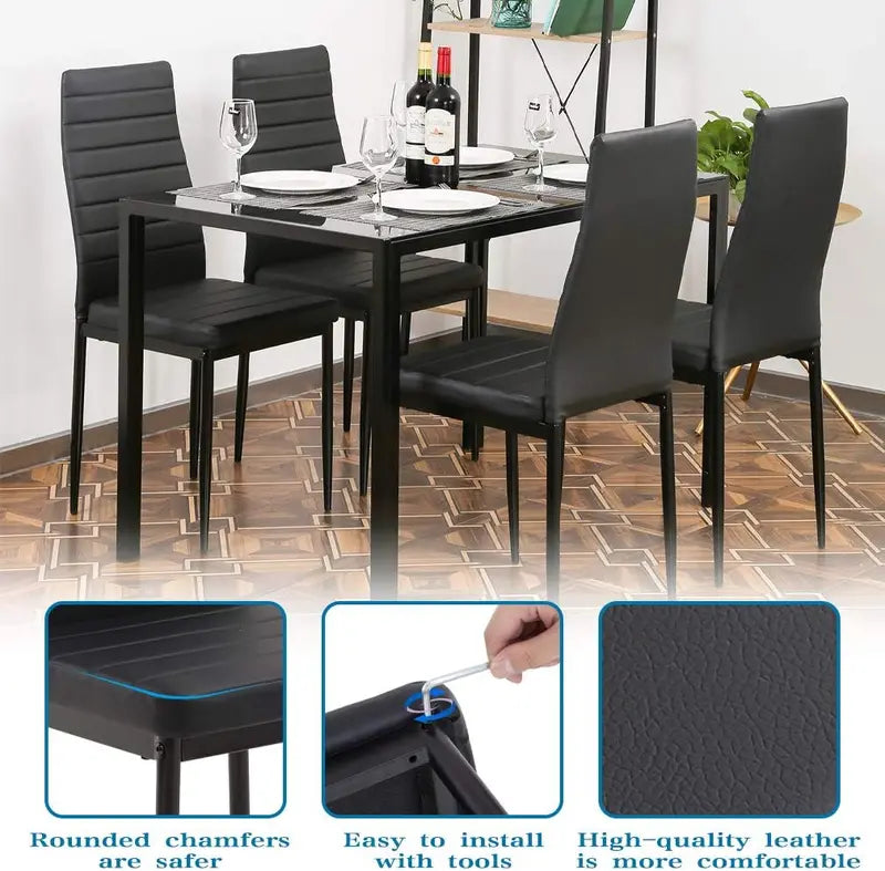 Compact Glass Dining Set for Small Spaces – Modern Black Rectangular Table & 4 Chairs for Kitchen or Dining