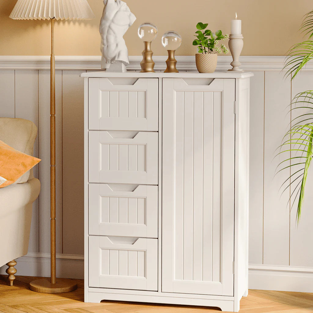 Aiho 33.5 "h Wooden Bathroom Floor Cabinet with 4 Drawers and 1 Door for Bathroom, Kitchen, Bedroom - White
