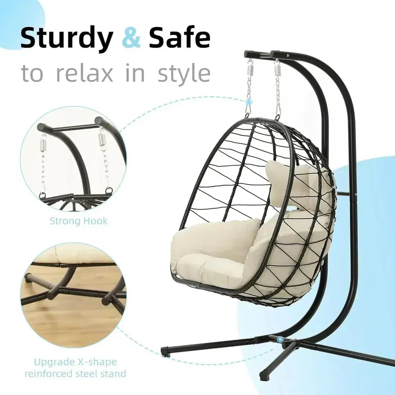 Double Egg Hammock Swing Chair – Foldable UV-Resistant Hanging Loveseat with Stand for Indoor or Outdoor Use