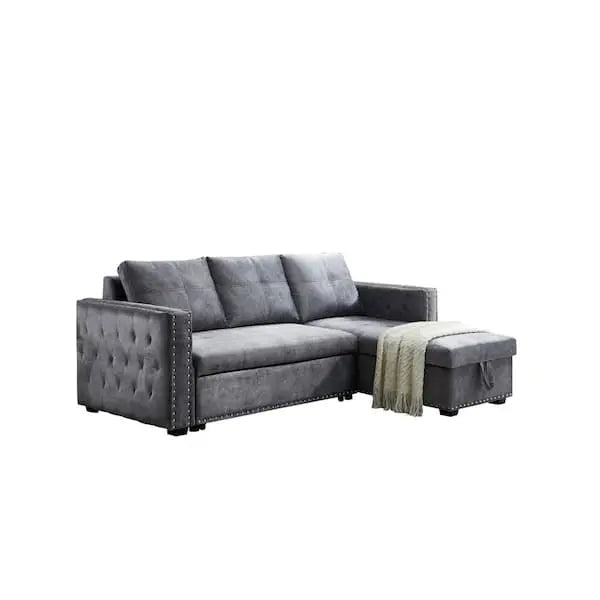 Reversible Gray Velvet L-Shaped Sleeper Sectional Sofa with Hidden Storage Compartment