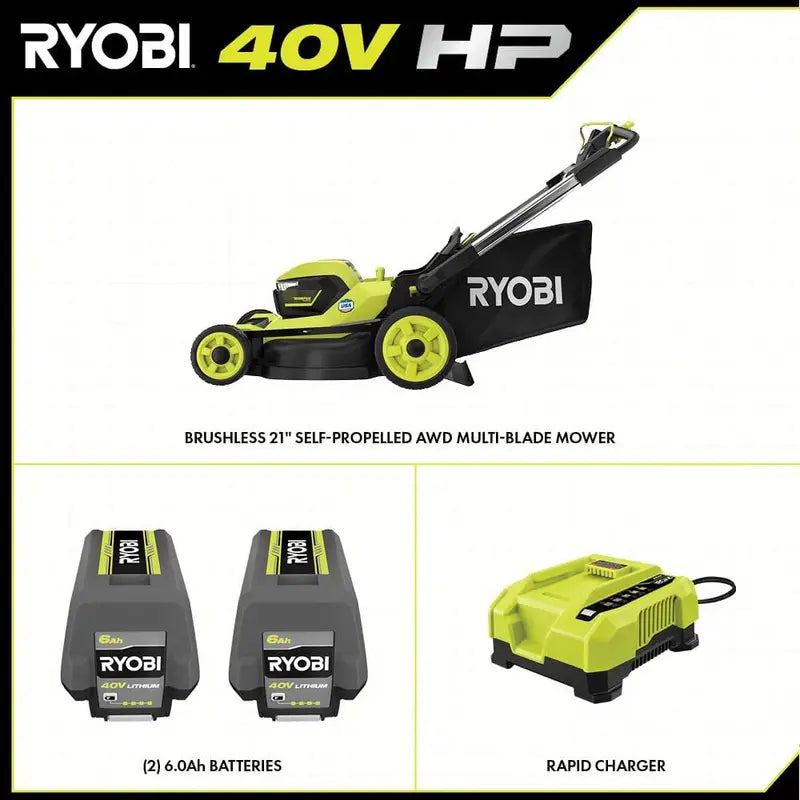 Ryobi 40V HP Brushless 21-Inch All-Wheel-Drive Self-Propelled Lawn Mower – Whisper Series with Dual 6.0Ah Batteries & Charger