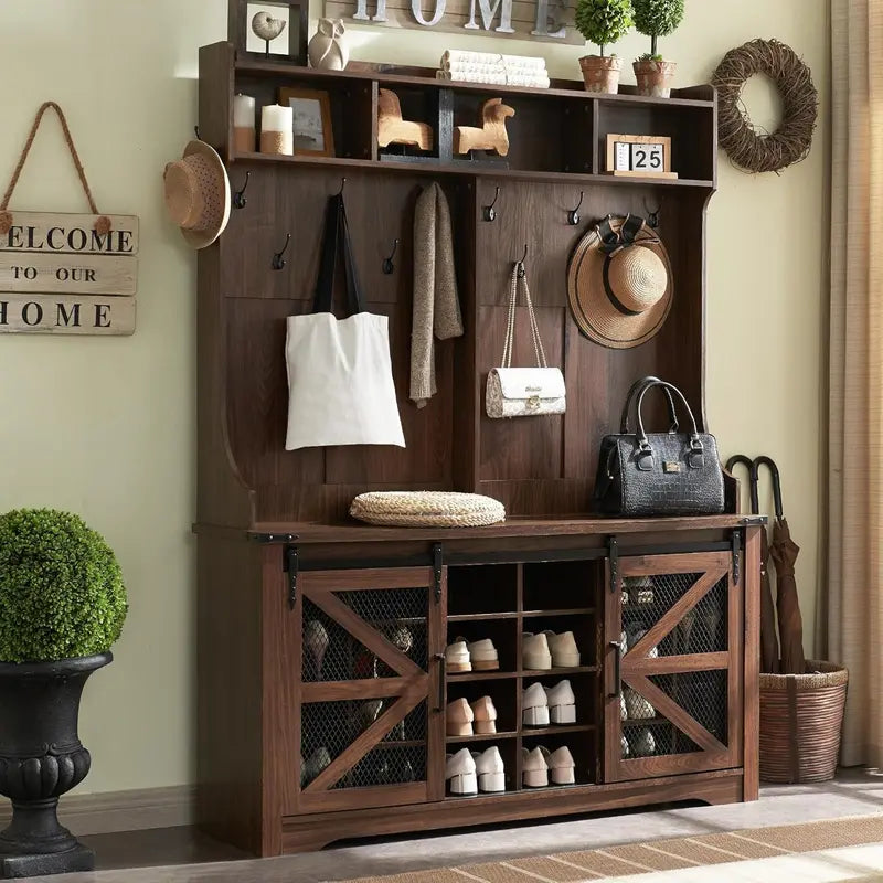 JXQTLINGMU 59-Inch Farmhouse Hall Tree – Entryway Bench with 20 Cubbies, 12 Hooks, Sliding Barn Doors, and Shoe Storage