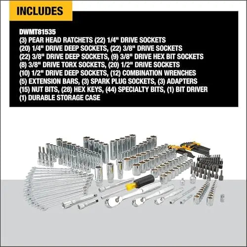 DEWALT 247-Piece Mechanic Tool Set – 1/4, 3/8, 1/2 in. Drive SAE Ratchets, Sockets, Wrenches, Hex Keys – Chrome Finish (DWMT81535)