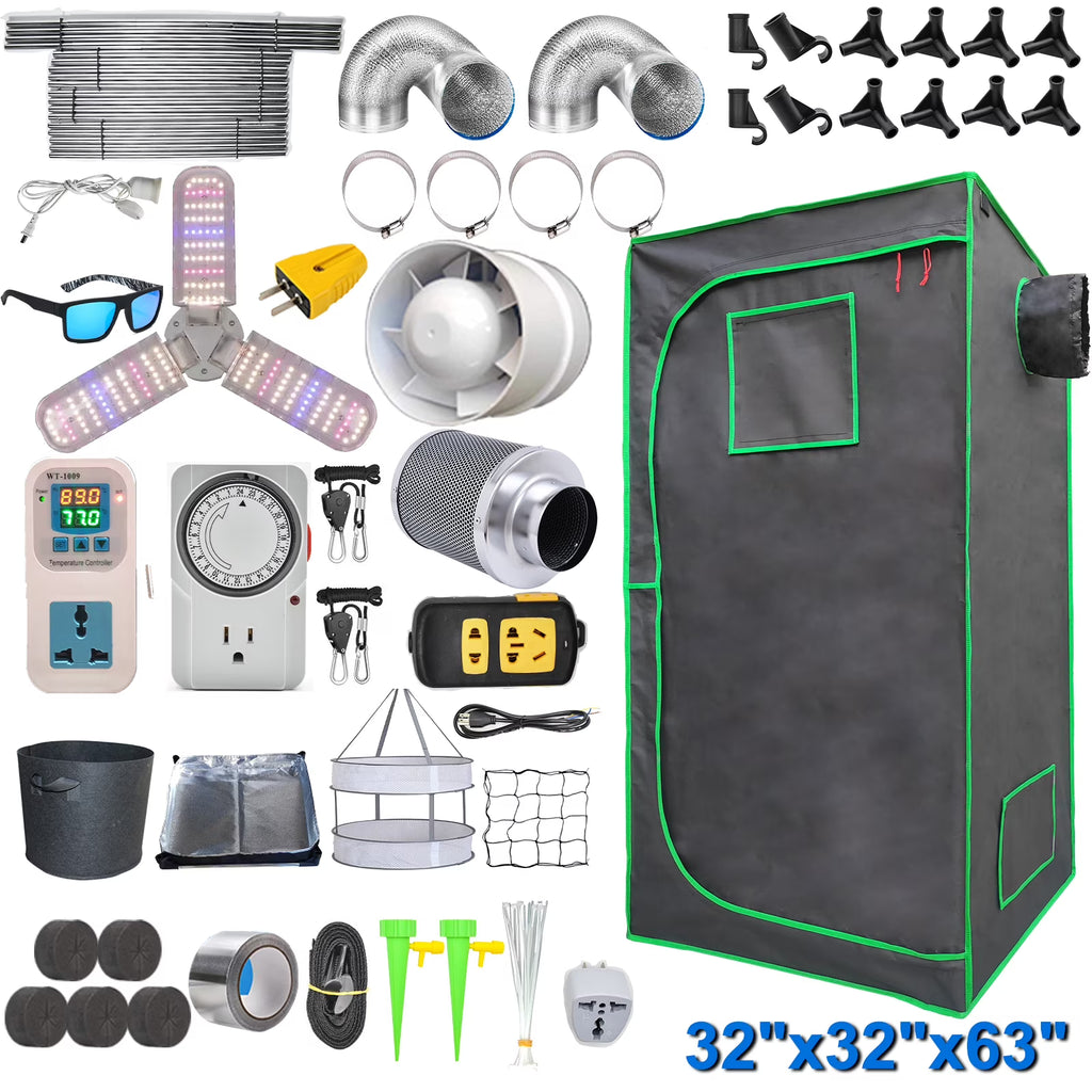 Imeshbean Upgraded 32"x32"x63" Grow Tent Kit, Fabric, Complete System, LED Light, Includes Fan & Timer