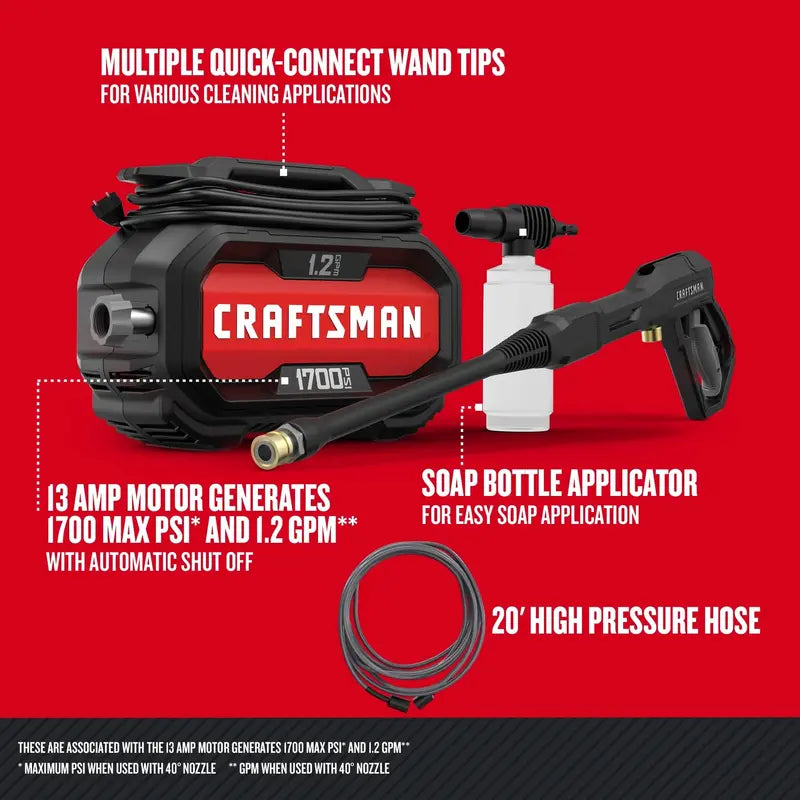 CRAFTSMAN 1700-PSI Electric Pressure Washer, 1.2 GPM, 13 Amp Motor, Soap Applicator, 20 ft. Hose, 35 ft. Cord