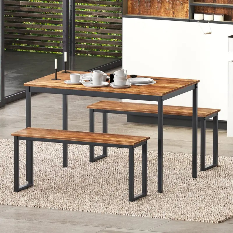 Soho-Style 3-Piece Dining Set for 4 – Space-Saving Rectangular Table with Two Benches in Brown