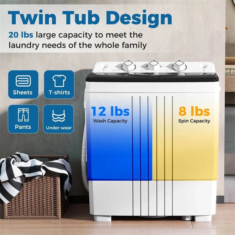 Portable Washing Machine, 2-in-1 Twin Tub Washer Spin Dryer Combo with Built-in Drain Pump, 20LB Capacity & Compact for Apartment, Dorm & RV