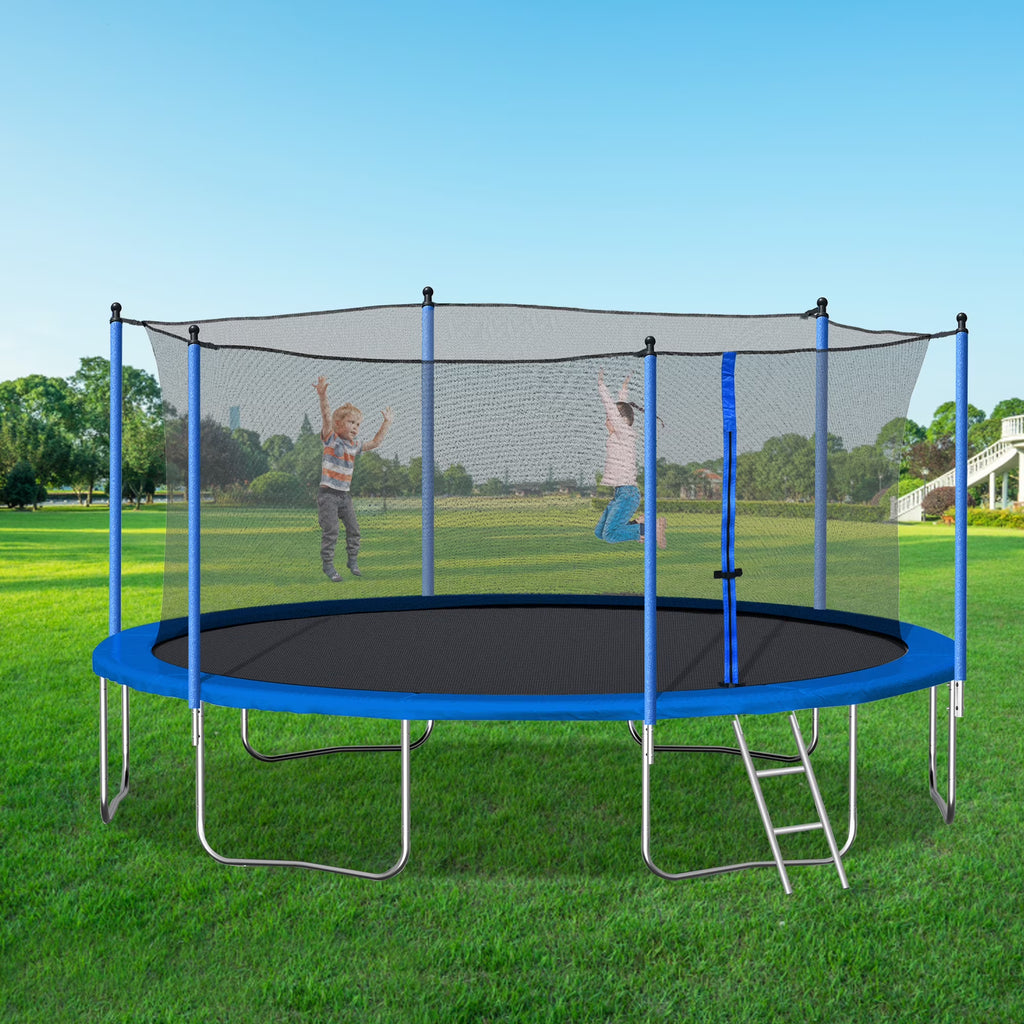 14FT Outdoor Trampoline with Safety Enclosure, Steel Tube Frame, Ladder & Secure Net - Heavy Duty, Blue