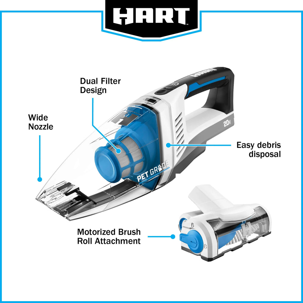 HART 20 - Volt Cordless Hand Vacuum Kit with Multi - Surface Motorized Brush Roll, HPHV34B