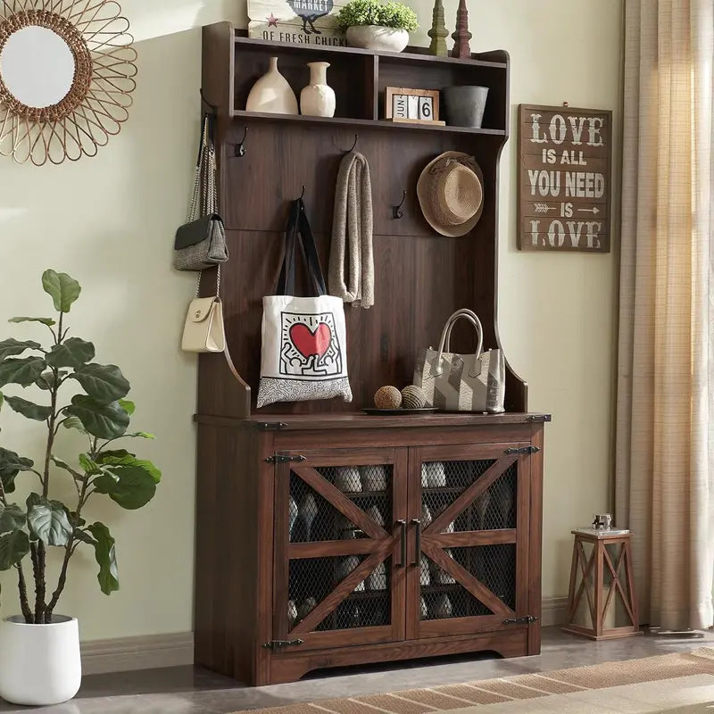 JXQTLINGMU 59-Inch Farmhouse Hall Tree – Entryway Bench with 20 Cubbies, 12 Hooks, Sliding Barn Doors, and Shoe Storage
