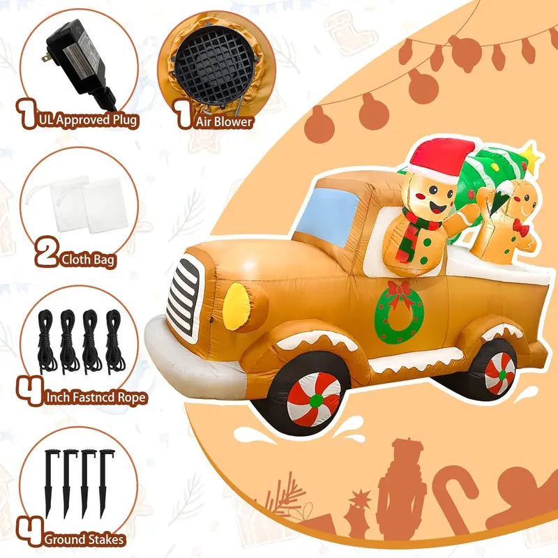 OurWarm 8FT Gingerbread Man Truck Christmas Inflatable with Tree, Outdoor Decoration for Lawn & Garden