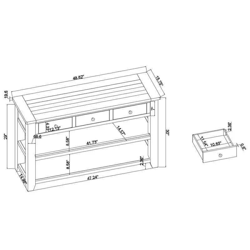 Rustic Wood Console Table Featuring Three Drawers and Dual Open Shelving