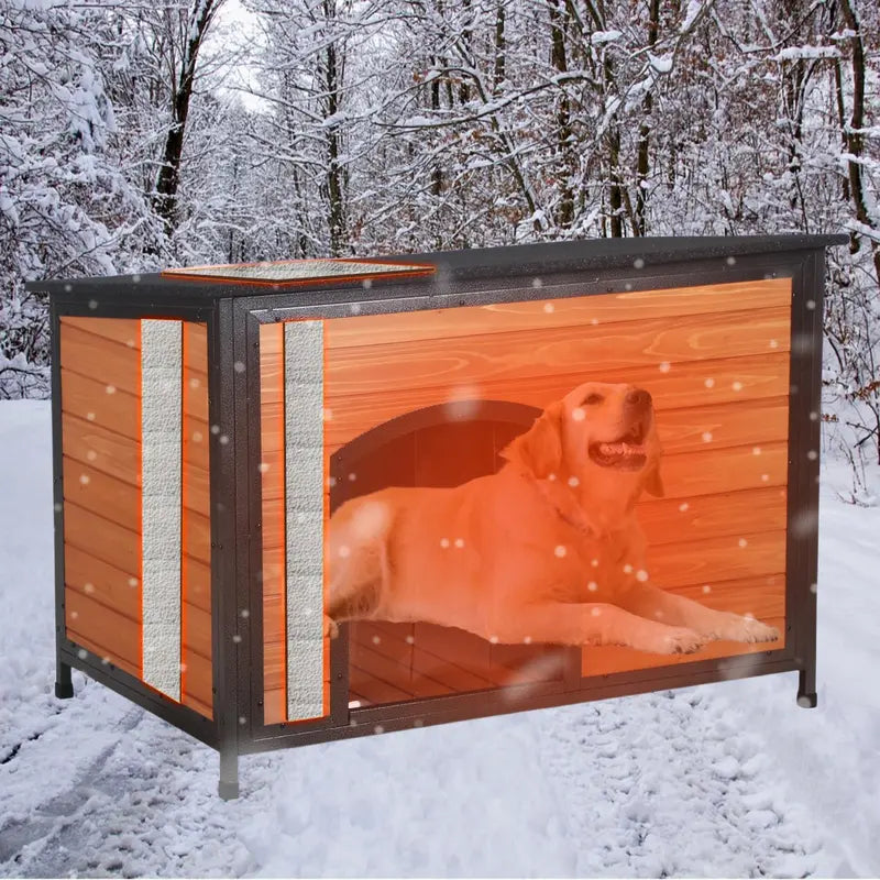 Insulated 43-Inch L-Shaped Outdoor Dog House – Fully Sealed Foam Construction, Reinforced Metal Frame, All-Season Shelter