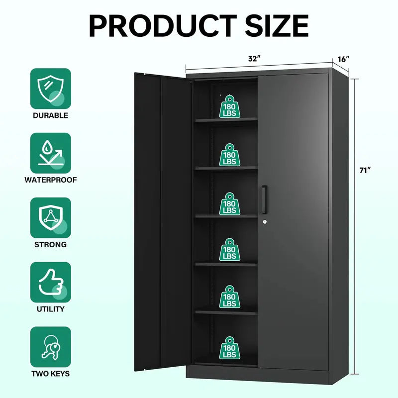Letaya 71″ Metal Storage Cabinet with Lock, 5 Shelves, Heavy-Duty Steel, for Office/Garage/Home