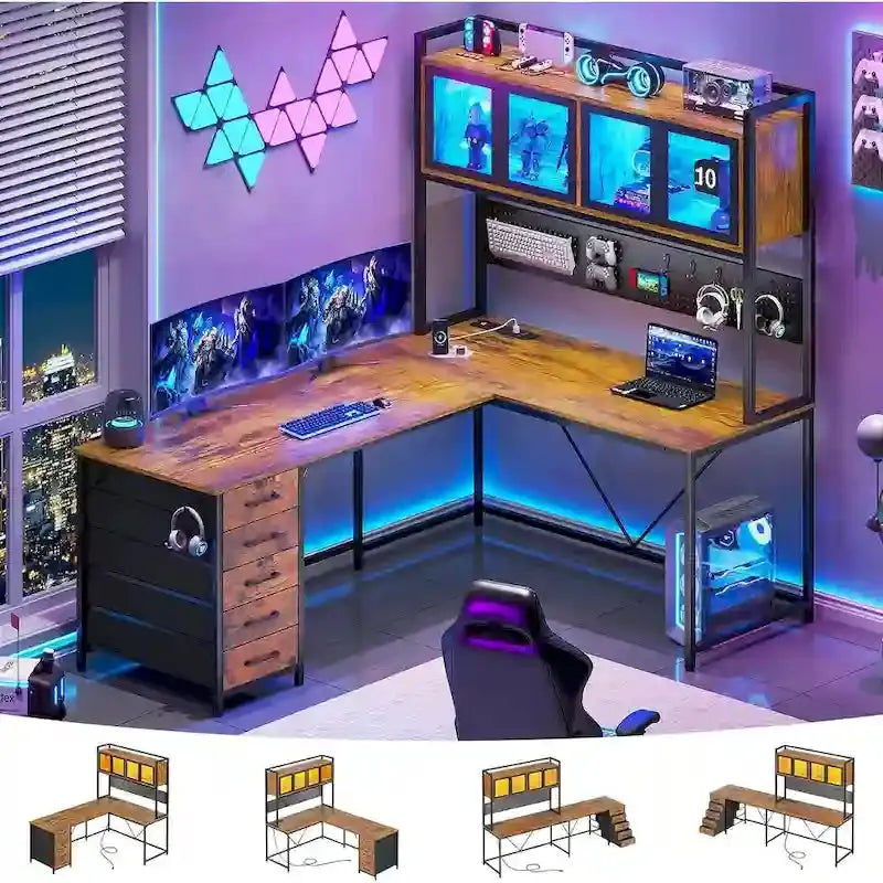 L-Shaped Gaming Desk with Pegboard Wall System, 5-Drawer Storage & Shelf Unit