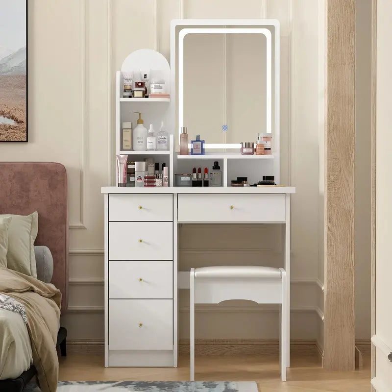 LED-Lit Makeup Vanity Desk Set – Includes Mirror, Adjustable Lighting, and Matching Stool