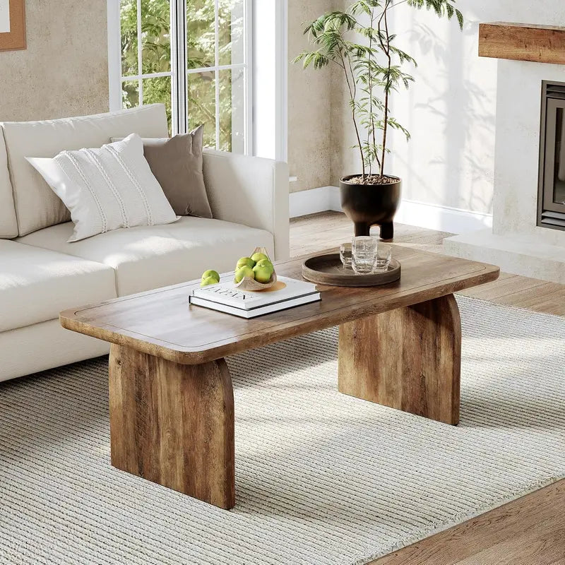 LITTLE TREE Farmhouse Round Coffee Table – 47″ Wooden Center Table with Rounded Corners, Ideal for Living Rooms & Bedrooms