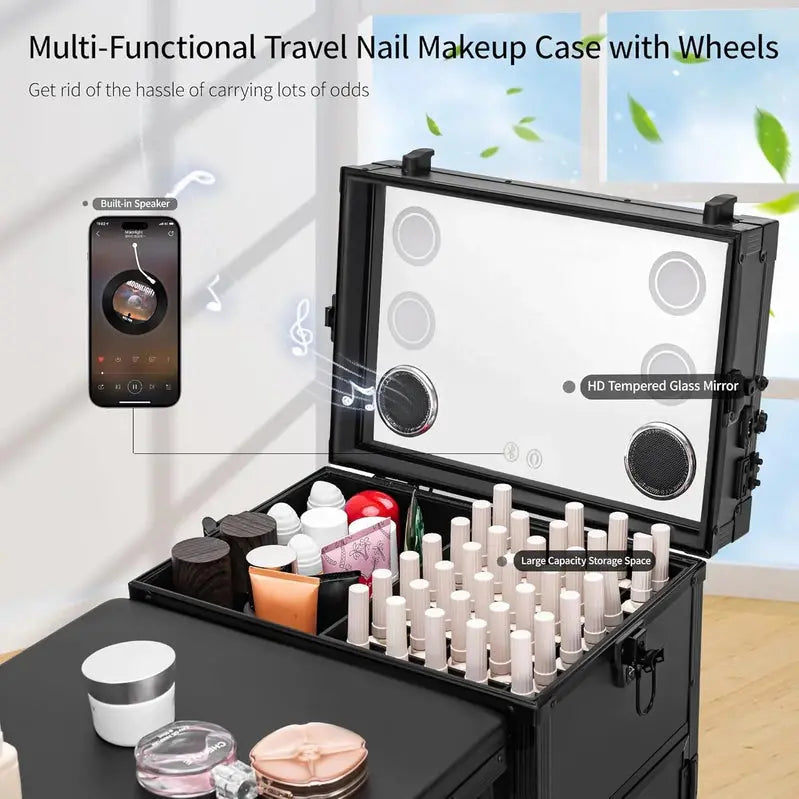 Rolling Manicure Station – LED Mirror, Built-in Bluetooth Speaker, Secure TSA Lock, and Storage Drawers