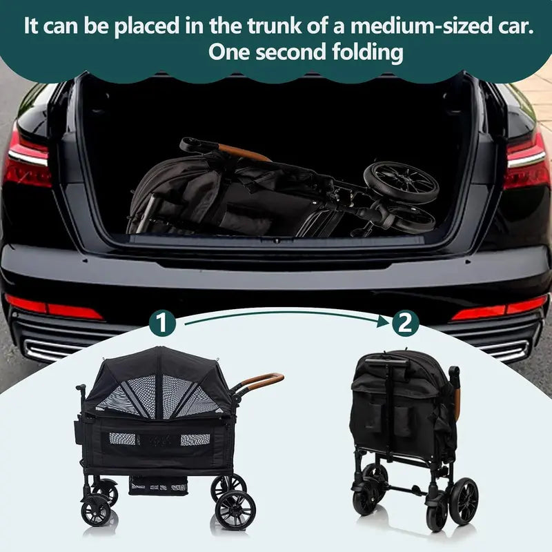 Lightweight Foldable Double Wagon Stroller – Push-Pull Travel Stroller for Newborns & Toddlers, 5-Point Safety Harness, Canopy, Tray Table & Cup Holder