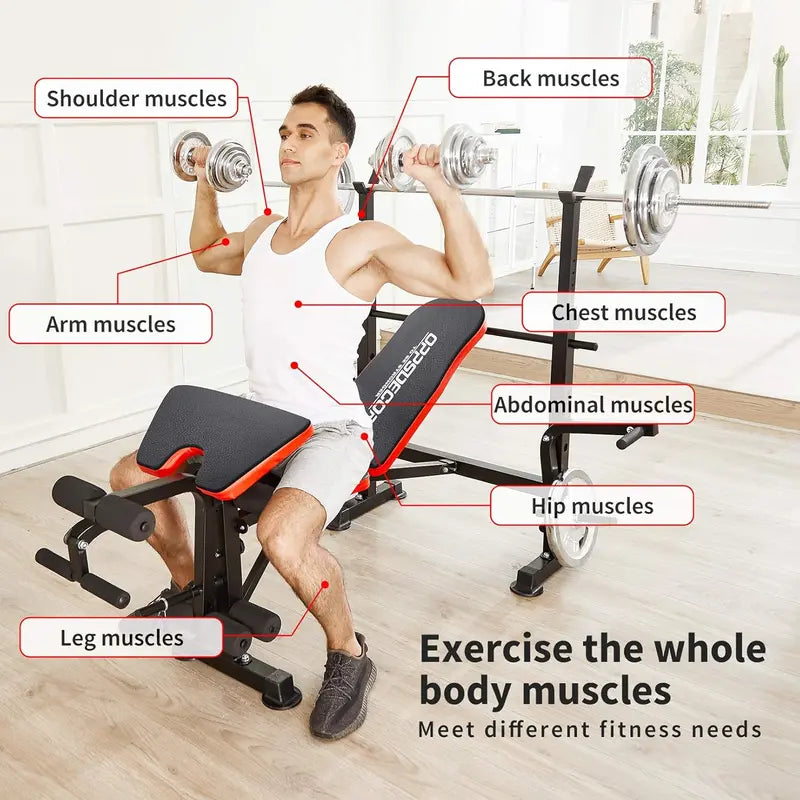 OPPSDECOR 6-in-1 Adjustable Weight Bench & Squat Rack Combo Set