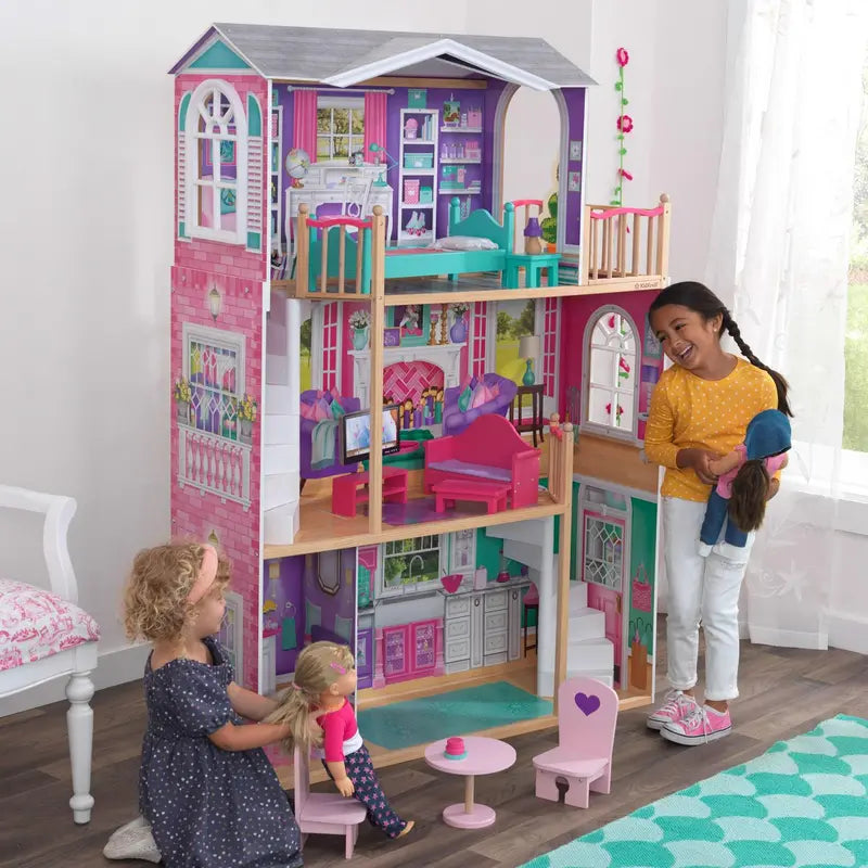 KidKraft 18-Inch Wooden Dollhouse Manor, 3-Level, 12-Piece Furniture, Fits 18″ Dolls, Over 5ft Tall