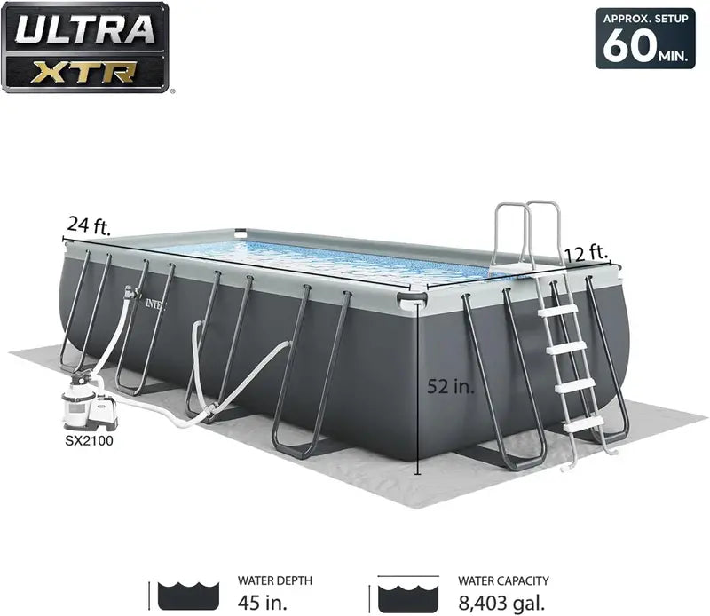 Rectangular Above-Ground Swimming Pool Set – Includes 1200 GPH Sand Filter, Cover & Safety Ladder