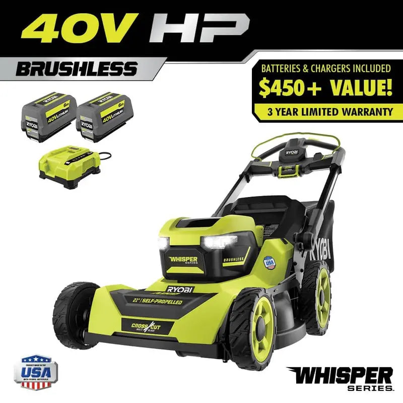Ryobi 40V HP Brushless 21-Inch All-Wheel-Drive Self-Propelled Lawn Mower – Whisper Series with Dual 6.0Ah Batteries & Charger