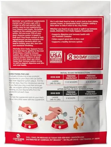 Dinovite Probiotics for Dogs: 90-Day Supply, Supports Skin, Coat, Gut Health, 45+ lbs