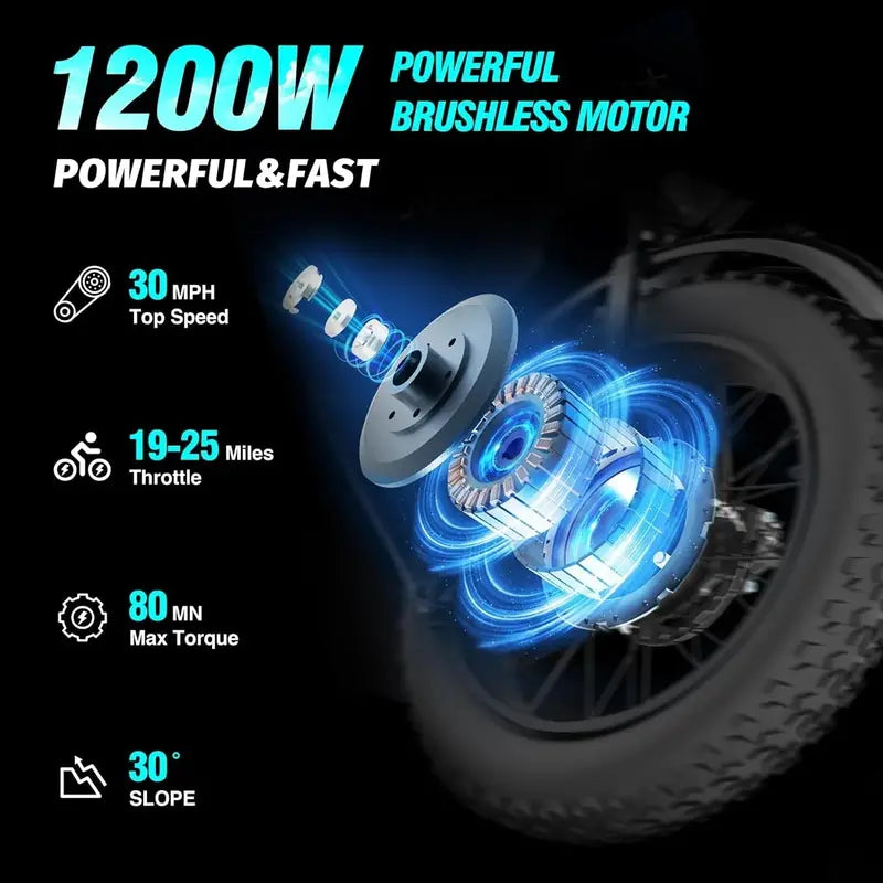 Ridstar 1200W Fat-Tire E-Bike – 48V/15.6Ah Battery, 20″ Wheels, Full Suspension