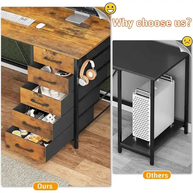 L-Shaped Gaming Desk with Pegboard Wall System, Five-Drawer Organizer, and Shelf Storage