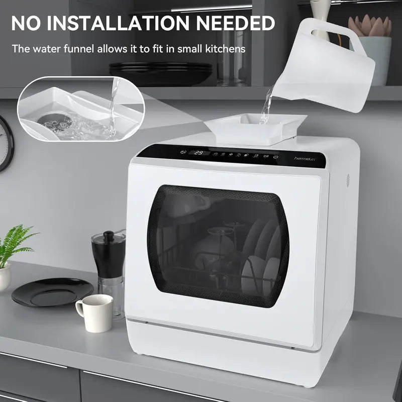 Compact Countertop Dishwasher – 5-Program Portable Unit with 5L Internal Water Tank, Glass Door Design, Space-Saving Kitchen Appliance
