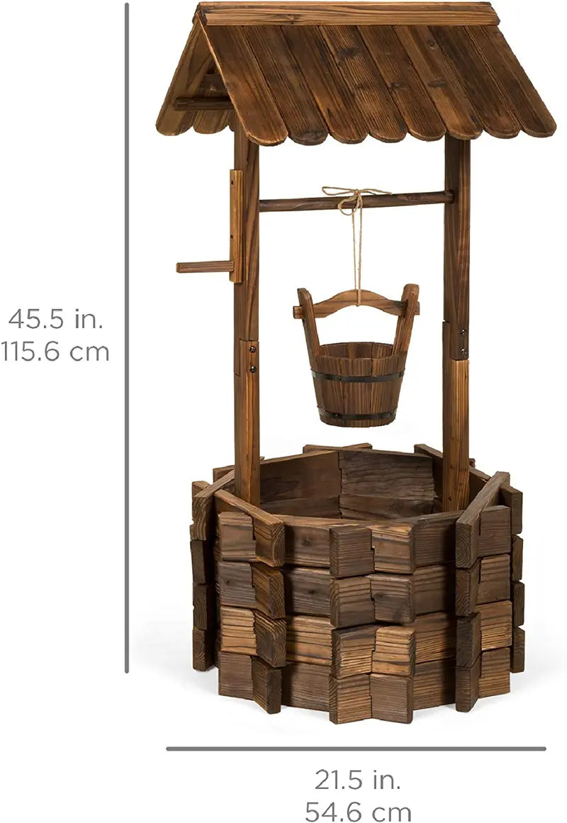 Rustic Wooden Wishing Well Planter with Hanging Bucket – Outdoor Garden Décor by Best Choice Products