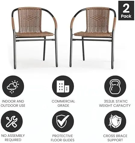 EMMA + OLIVER Brown Rattan Dining Chair | 2 Pack | Indoor-Outdoor | Stackable | Medium