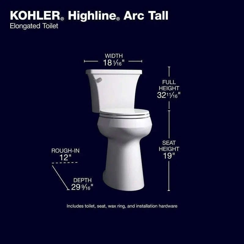 KOHLER Highline Arc Extra-Tall Elongated Toilet – 1.28 GPF Single-Flush, White, Includes Soft-Close Seat
