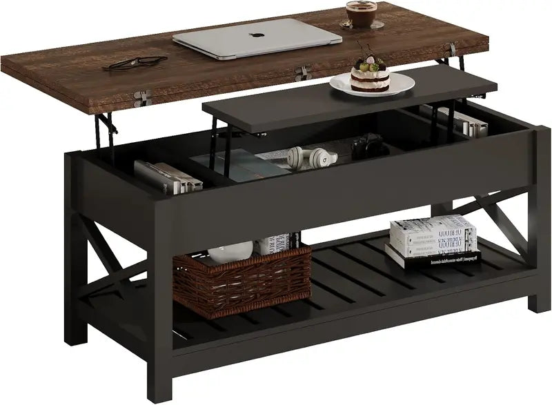 Convertible Coffee Table with Hidden Storage – Multi-Function Design Transforms into Dining Table, White & Brown Two-Tone Finish