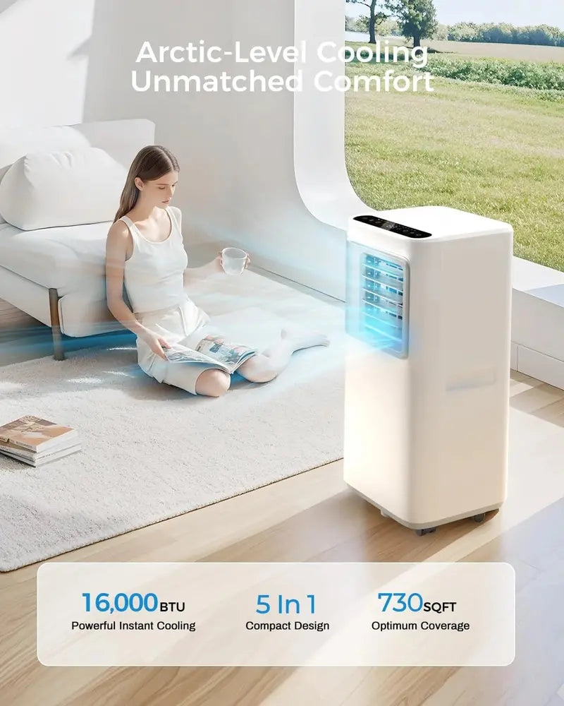 Smart 16,000 BTU Portable Air Conditioner — 5-in-1 WiFi AC Unit (Cool/Fan/Dehumidify/Heat/Air Purify), No Drainage Required, App-Controlled