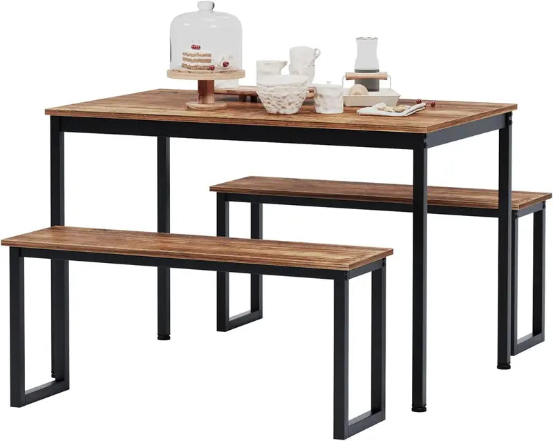 Soho-Style 3-Piece Dining Set for 4 – Space-Saving Rectangular Table with Two Benches in Brown