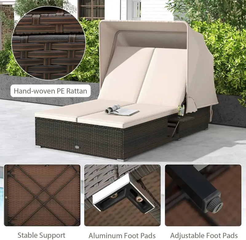 RELAX4LIFE Outdoor Wicker Daybed – Retractable Canopy Chaise Lounge with 6-Position Backrest