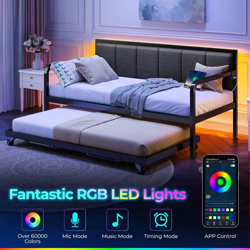Rolanstar Adjustable Twin Daybed – Modern Charging Station Bed with Integrated LED Lighting