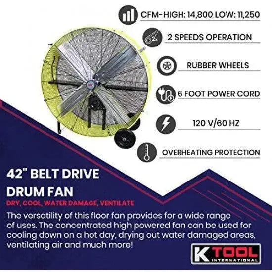 K Tool International 42-Inch Industrial Drum Fan – Dual-Speed, Safety Yellow, Rubber-Wheeled & Tip-Over Protected