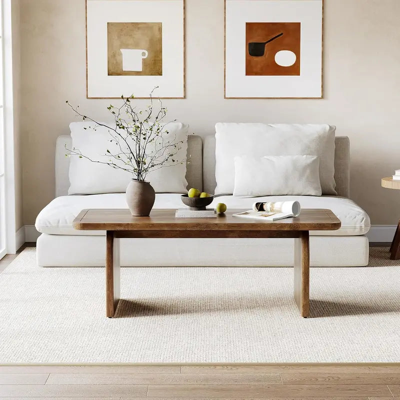 LITTLE TREE Farmhouse Round Coffee Table – 47″ Wooden Center Table with Rounded Corners, Ideal for Living Rooms & Bedrooms