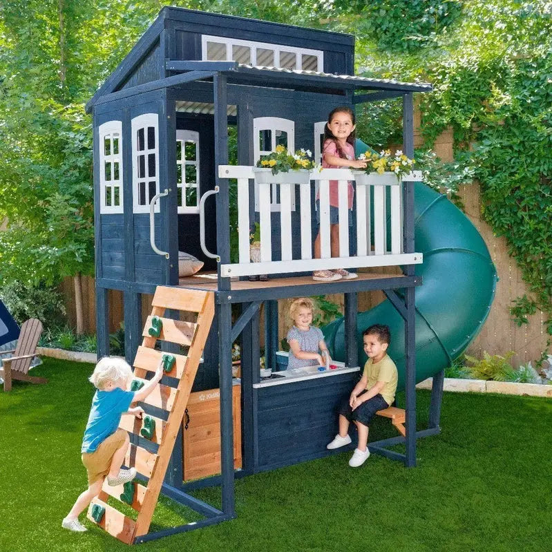 KidKraft Cozy Escape Navy Playhouse – Fully Assembled Backyard Play Structure