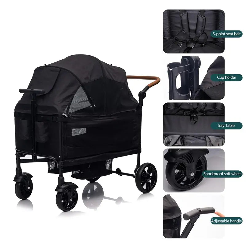 Lightweight Foldable Double Wagon Stroller – Push-Pull Travel Stroller for Newborns & Toddlers, 5-Point Safety Harness, Canopy, Tray Table & Cup Holder