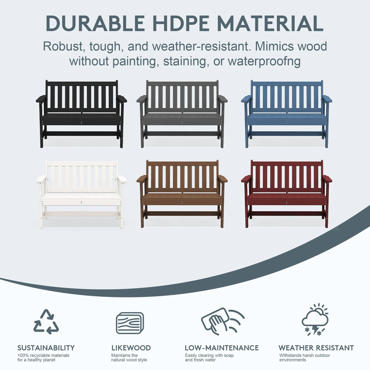 SERWALL Outdoor Bench for 2 - Person, Weather - Resistant HDPE with Aluminum Reinforcement, Supports 660 lb, Comfortable Seating for Patio, Garden, and Porch, Black