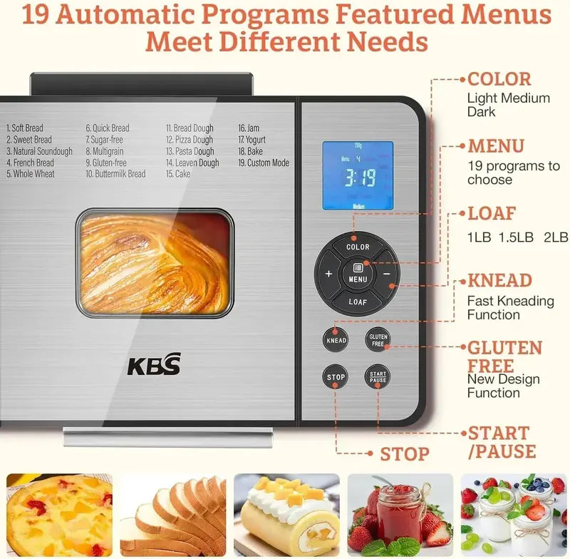 KBS 2LB Stainless Steel Bread Maker – 19-in-1 Fully Automatic Machine with Ceramic Baking Pan