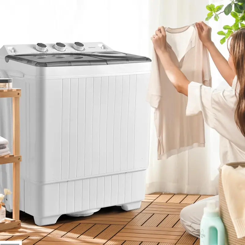 COSTWAY Twin-Tub Portable Washer – 26 lb Total Capacity (18 lb Wash + 8 lb Spin), Built-in Drain Pump & Timer Knob for Small Spaces